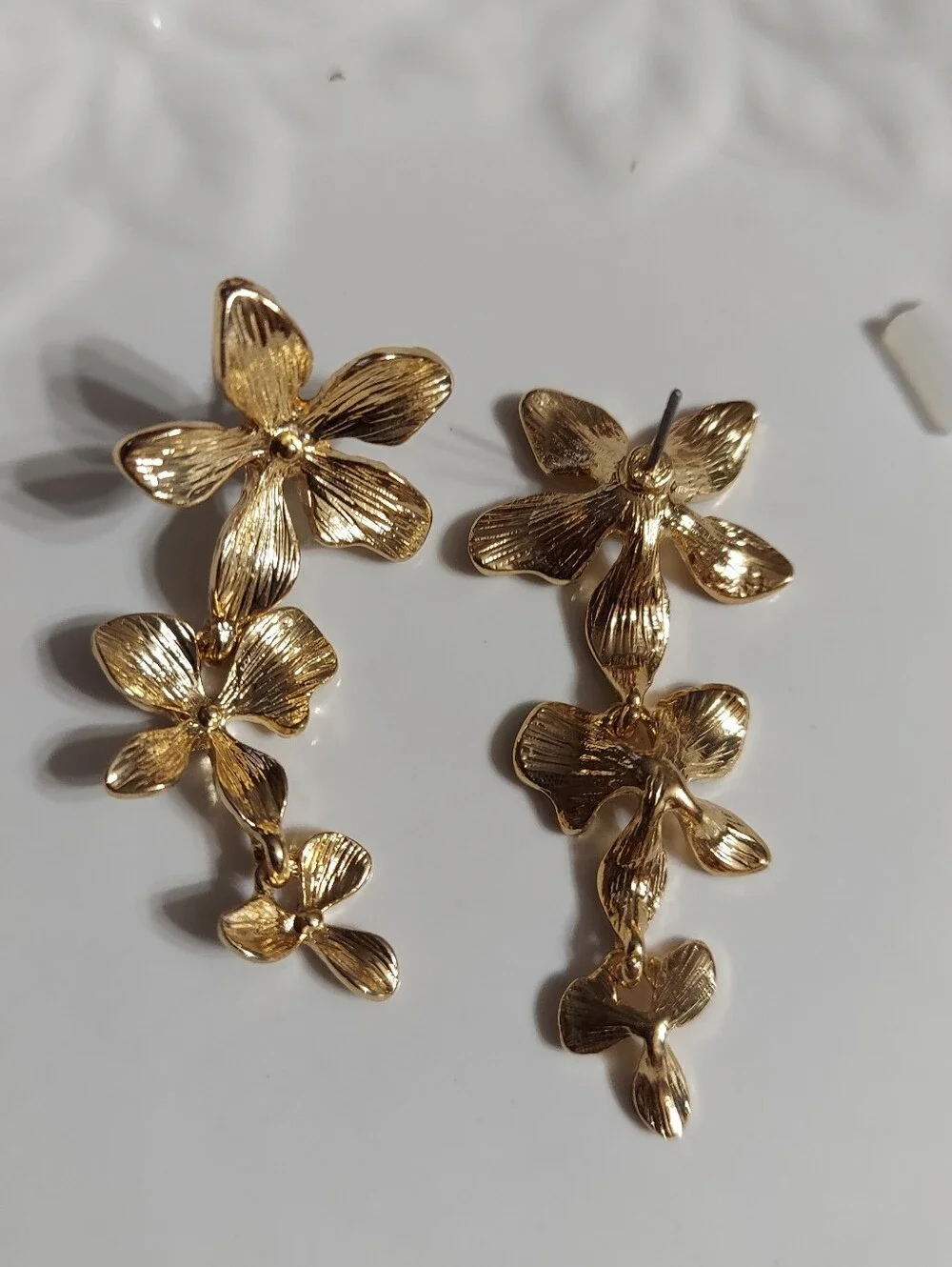 Textured Gold Tone/Dogwood Flower Trio Drop Earrings